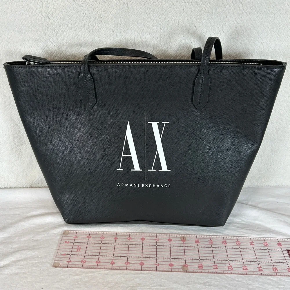 Armani Exchange AX Black Saffiano Faux Leather Zip Top Tote Bag 942575 NEW